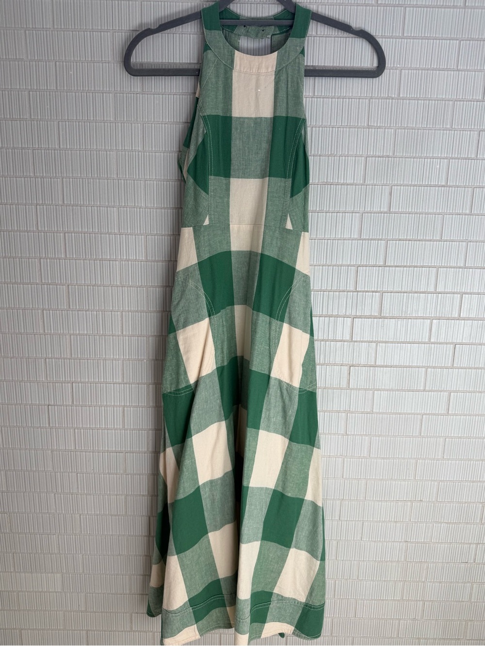 Maeve Green and Cream Gingham Halter Midi Dress